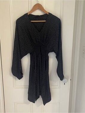 Allsaints Nichola Leopard Black Long Sleeve Smocked Dress Small